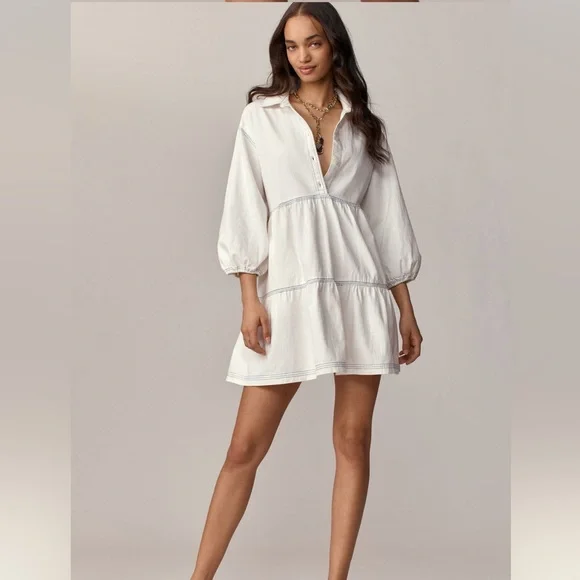 The Bettina Tiered Shirt Dress: Mini Edition in White & Blue 🩵 Bridal Era 🩵 - Picture 1 of 6